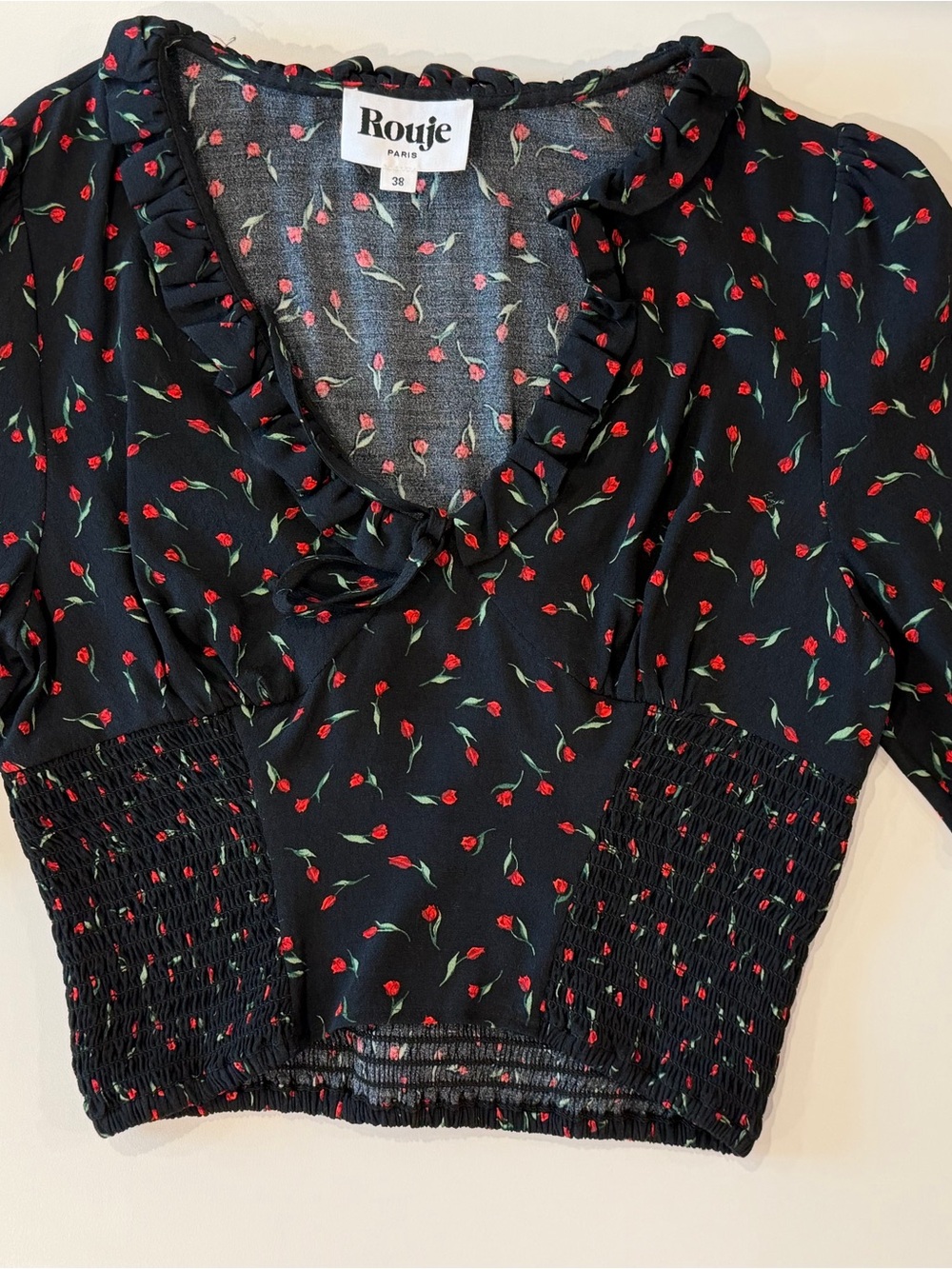 Rouje Black Crop Top with Red Rose Print and Ruffle V-Neck